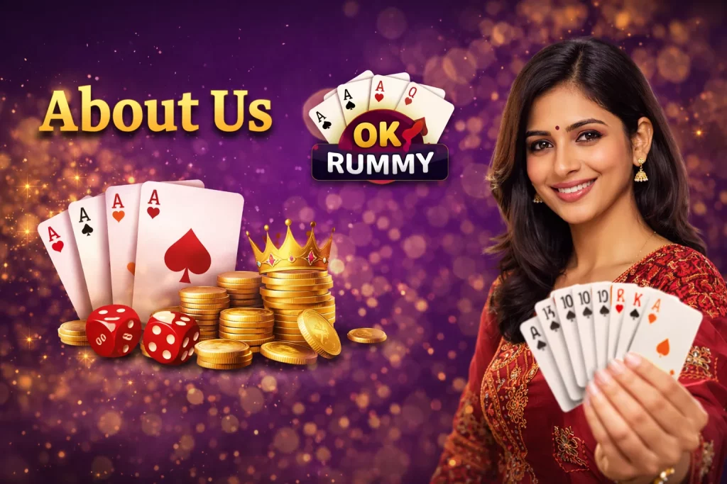 OK Rummy 'About Us' section banner featuring a warm, smiling South Asian woman holding rummy cards, with a background of poker chips, dice, and the 'OK Rummy' logo, all set against a rich purple tone with golden bokeh.