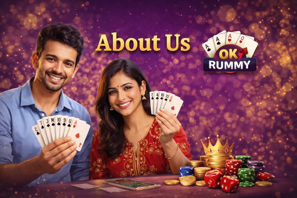 OK Rummy 'About Us' promotional banner featuring a young South Asian couple playing rummy, holding cards and smiling, with poker chips, dice, and a crown on the table.