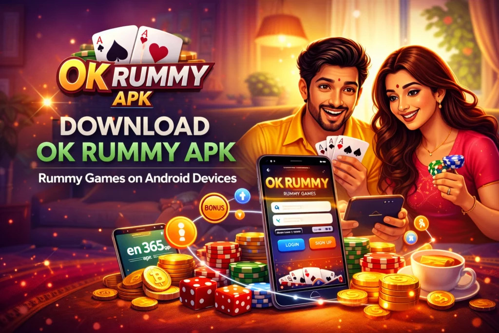 OK Rummy APK download banner showing mobile rummy game interface with Indian players and Android smartphone app