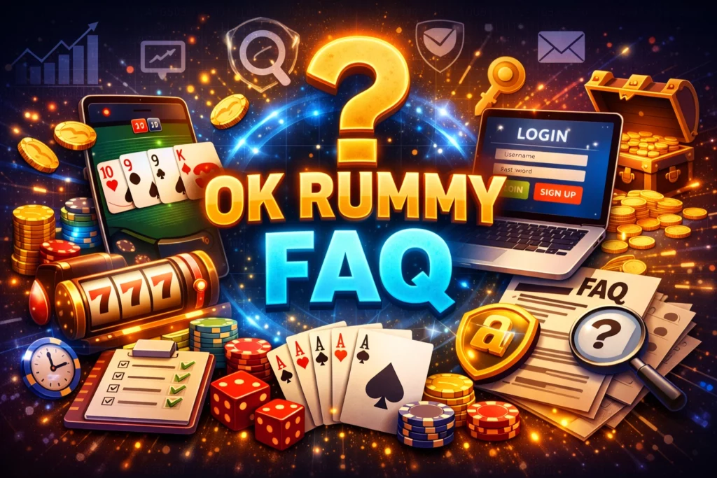OK Rummy FAQ banner with rummy cards, casino chips, login screen and help icons