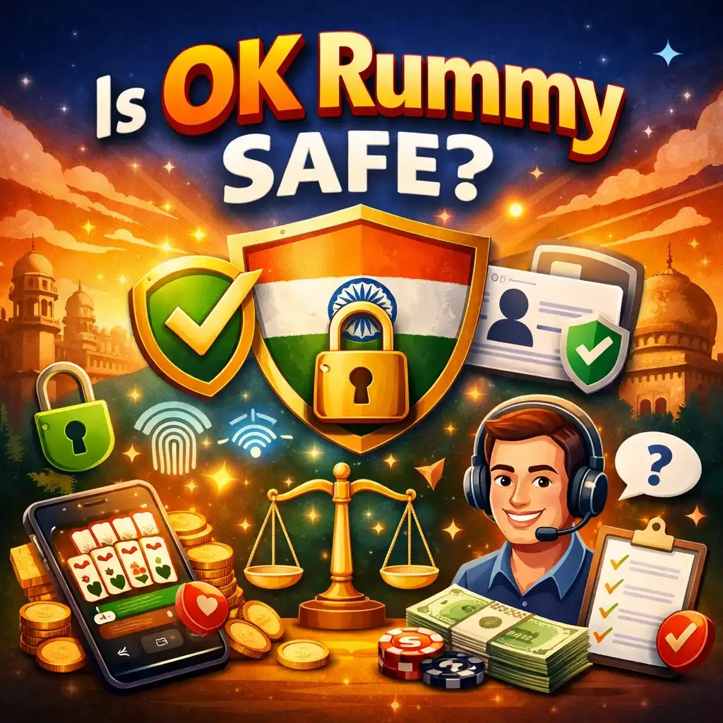 OK Rummy Safe India illustration with security shield, mobile rummy game, secure payments, support service and trust icons on a 4:3 banner background