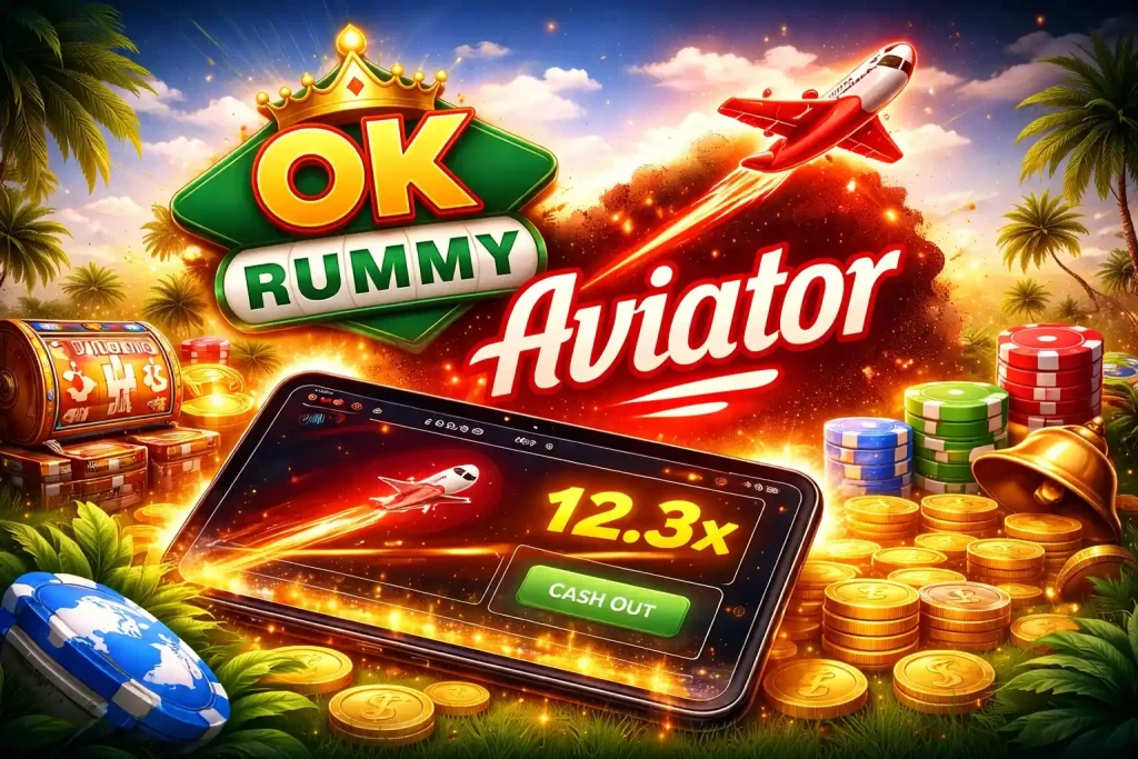 OK Rummy Aviator India page image featuring rising airplane multiplier game, mobile gameplay screen, coins, casino chips, and vibrant fast-paced online gaming theme.