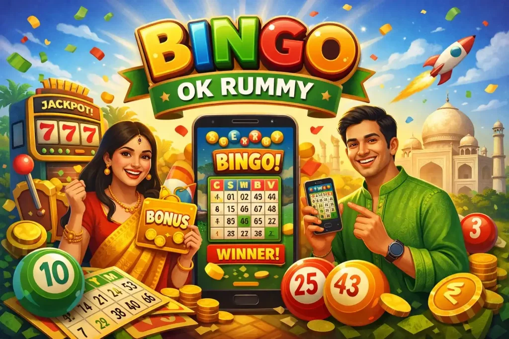 OK Rummy Bingo India page image featuring colorful bingo balls, mobile gameplay, bonus rewards, festive casino theme, and vibrant online entertainment experience.