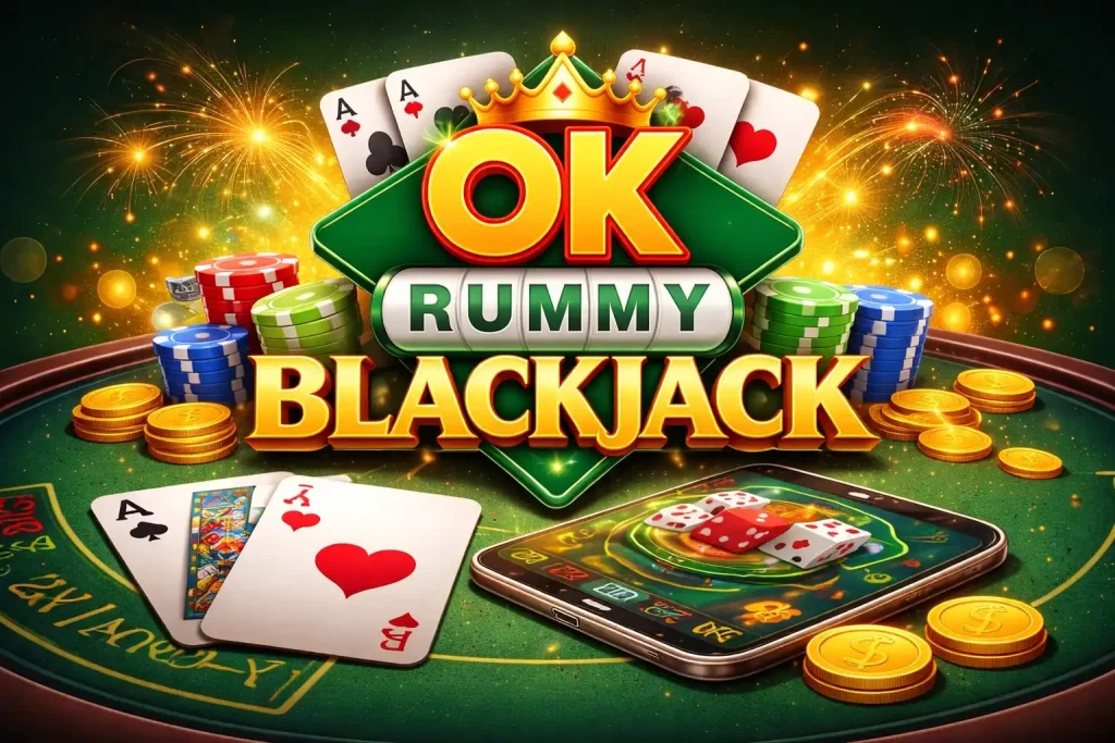OK Rummy Blackjack India promotional image featuring playing cards, casino chips, gold coins, mobile gaming screen, and bold blackjack branding in a 4:3 layout.