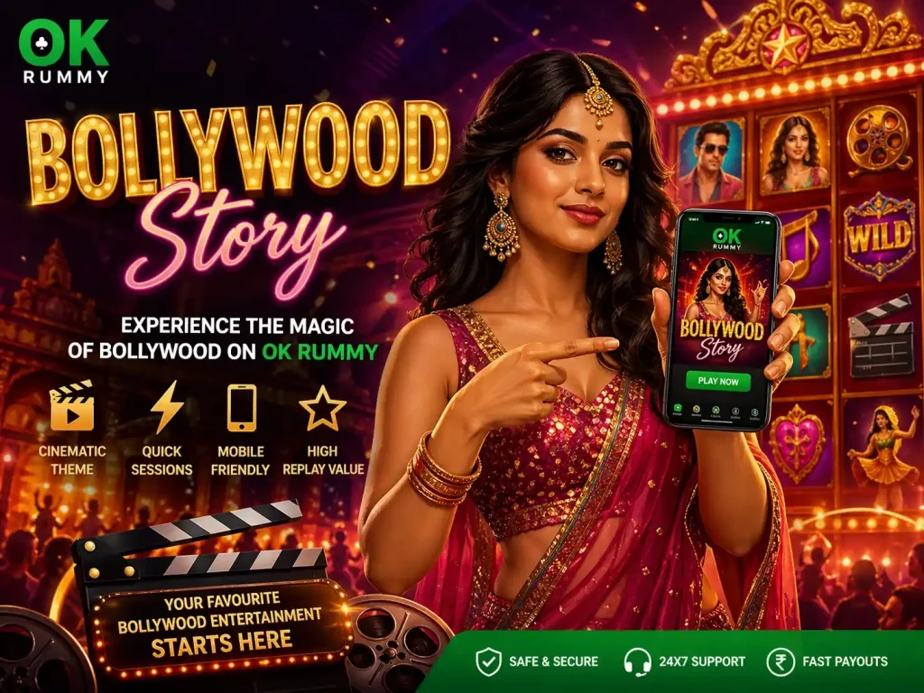 Bollywood Story slot on OK Rummy with Bollywood stage lights, mobile game screen, cinematic symbols, and Indian entertainment theme.