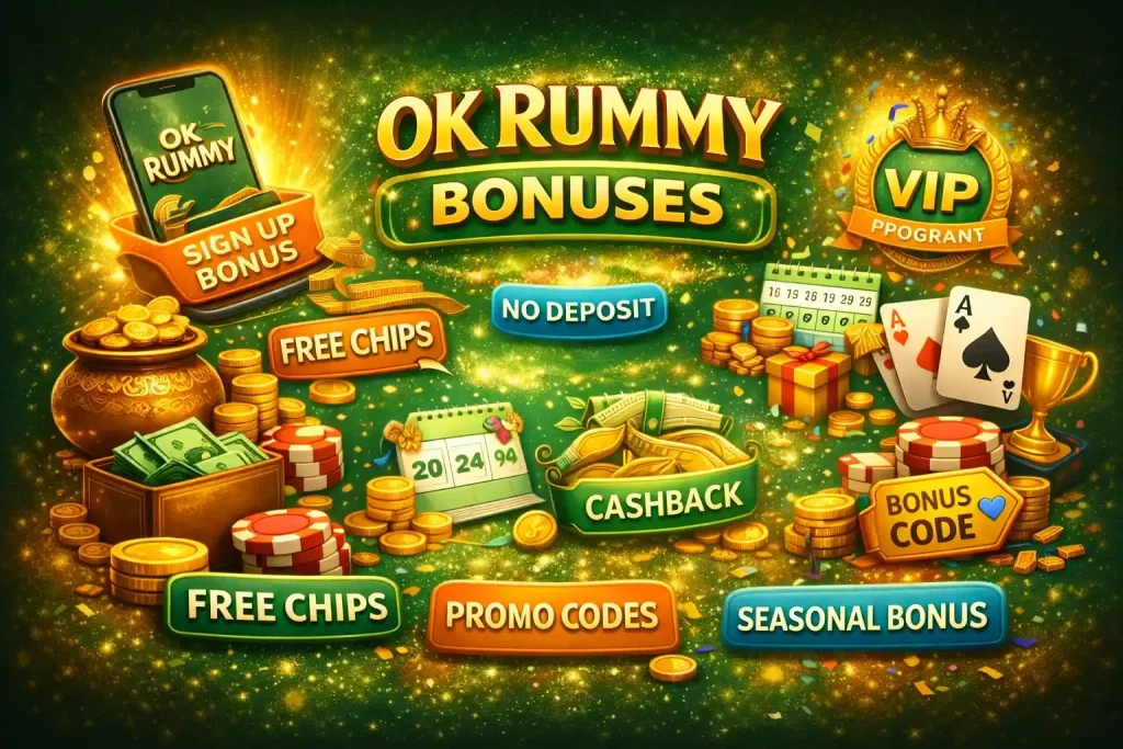 OK Rummy Bonus India banner with coins, chips, cards, cashback rewards, promo codes, VIP offers and sign up bonus elements on a green gaming background.