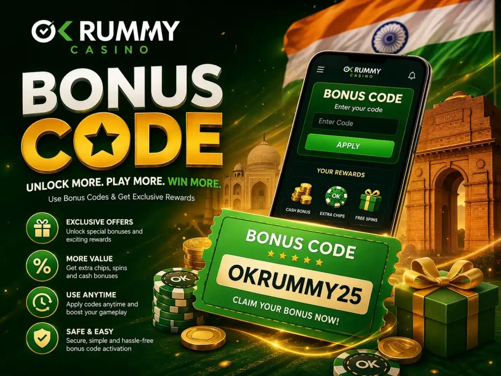 OK Rummy Casino bonus code banner with green and gold theme, mobile interface entering code, Indian landmarks, coins and rewards highlighting exclusive offers and extra value