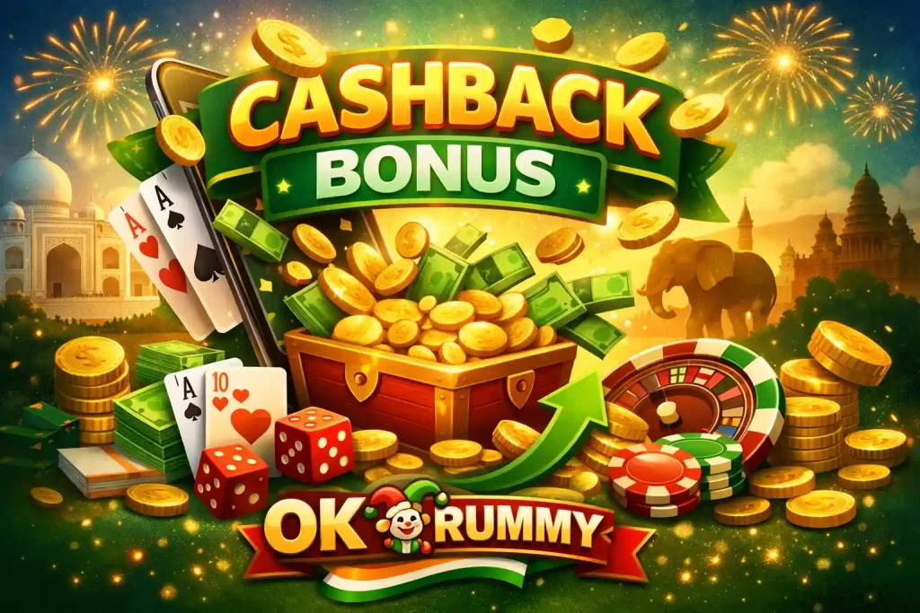OK Rummy Cashback Bonus India promotional image with gold coins, cash chest, rummy cards, chips, festive fireworks, and reward-themed gaming elements in 4:3 format