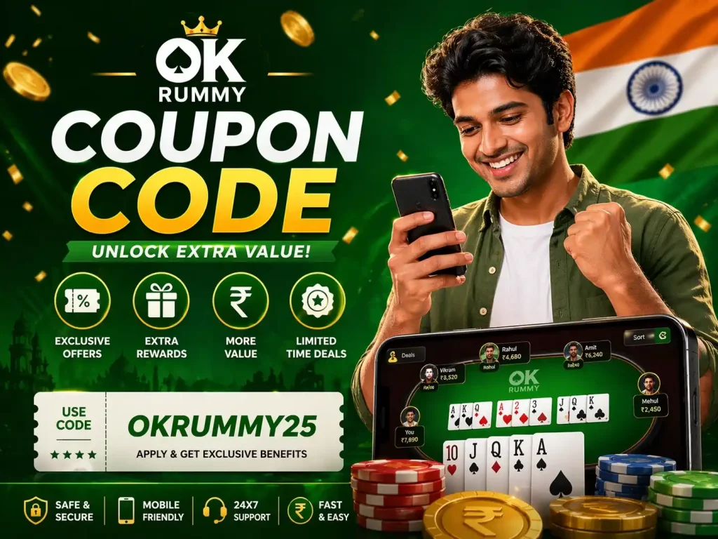 OK Rummy coupon code concept image with mobile rummy gameplay, Indian theme, reward voucher elements, green white design and promotional coupon offer visuals