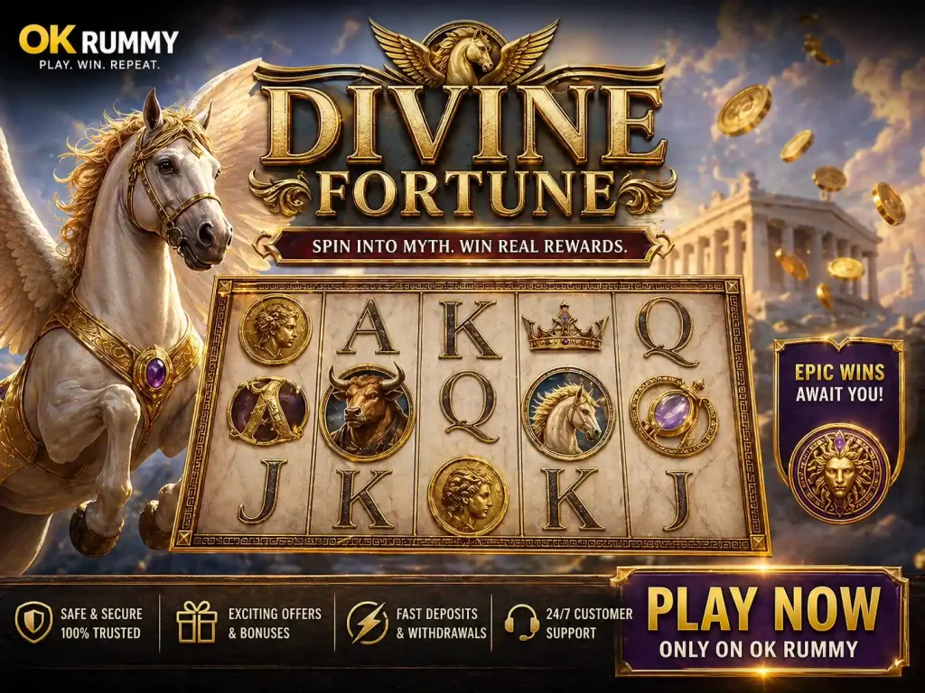 Divine Fortune slot image for OK Rummy India with Greek mythology theme, winged horse, golden coins, temple background, and luxury slot reels.