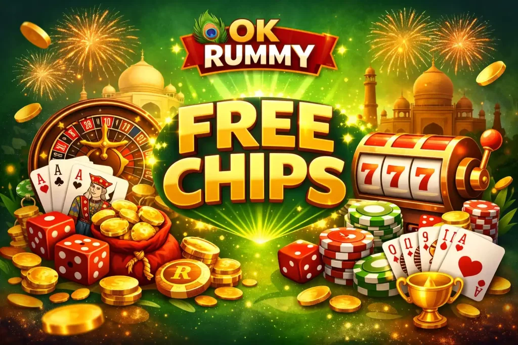 OK Rummy Free Chips India promotional banner with gold coins, cards, chips, roulette wheel, slot machine, trophy, Taj Mahal skyline and bright green festive 4:3 background