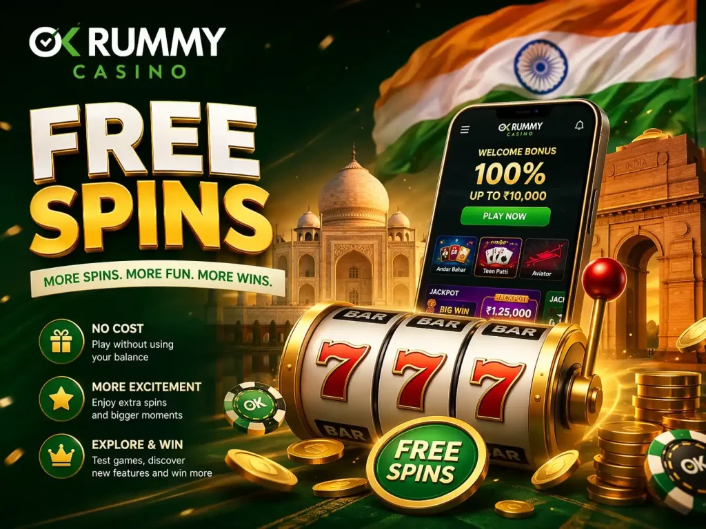 “OK Rummy Casino Free Spins banner with Indian theme, slot machine, gold coins, mobile gameplay interface, and vibrant green design highlighting extra spins and rewards