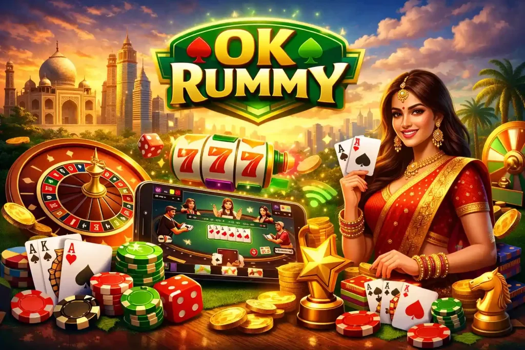 Alt: OK Rummy Games India promotional image featuring playing cards, poker chips, roulette wheel, mobile gaming screen, gold coins, and bright Indian-inspired design in a 4:3 layout.