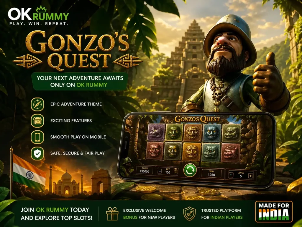Gonzo’s Quest banner with jungle temple, explorer character, mobile slot screen, gold coins, and India-themed OK Rummy background.