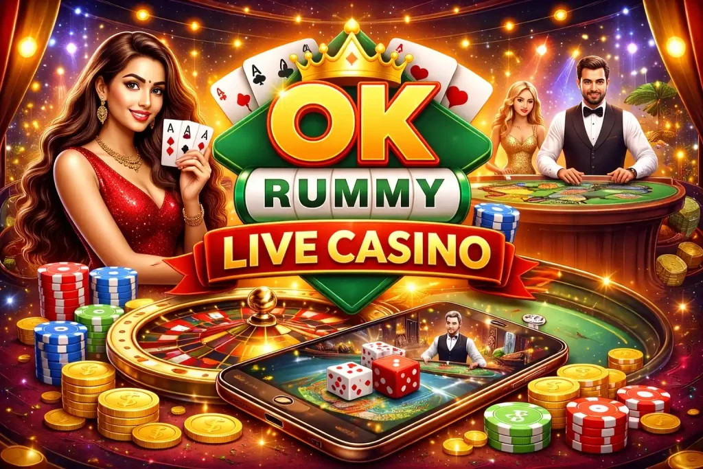 OK Rummy Live Casino India page image featuring live dealer tables, roulette wheel, casino chips, mobile gameplay, premium casino atmosphere, and vibrant online entertainment theme.