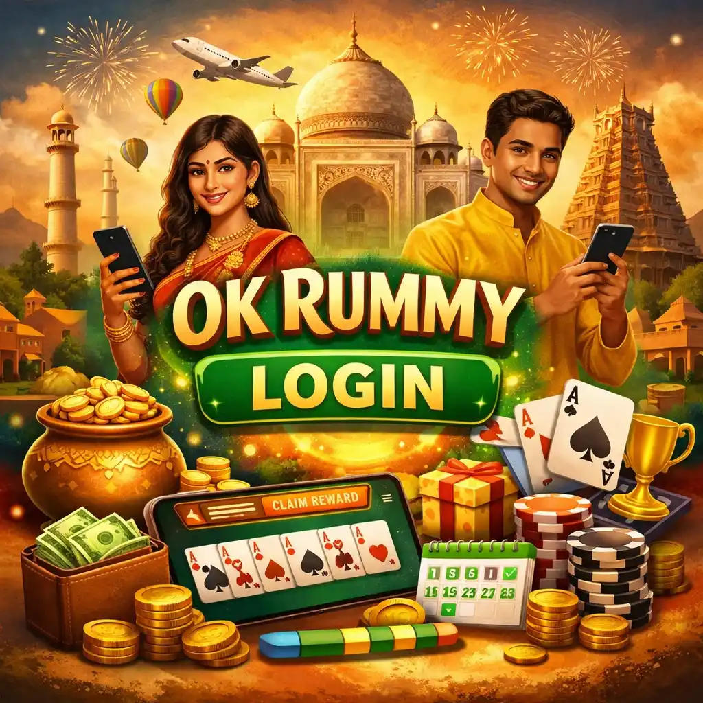 OK Rummy Login India page banner showing mobile account access, playing cards, coins, rewards and Indian-themed gaming background.