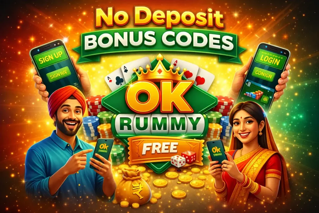 OK Rummy No Deposit Bonus Codes India page image featuring promotional rewards, mobile gameplay, coins, casino chips, and vibrant free bonus entertainment theme for Indian players.