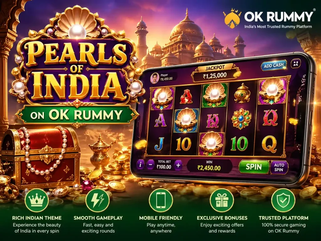 Alt: Pearls of India slot game on OK Rummy with golden palace background, pearls, treasure chest, coins, and mobile slot screen for Indian players.