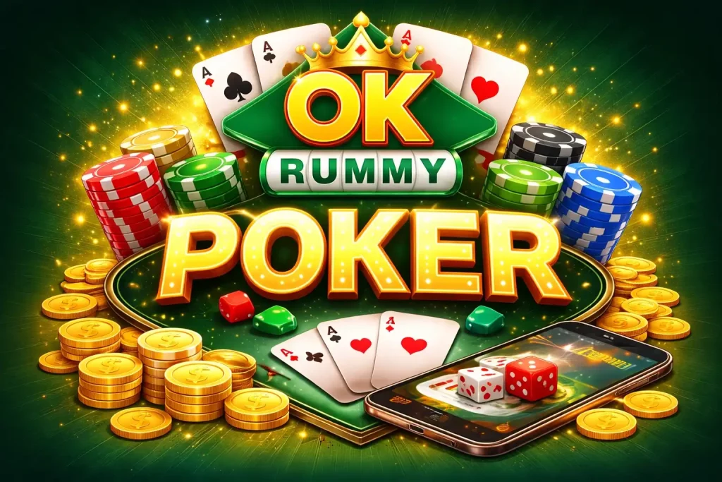OK Rummy Poker India promotional image featuring playing cards, poker chips, gold coins, mobile gaming screen, and bold poker branding in a 4:3 layout.