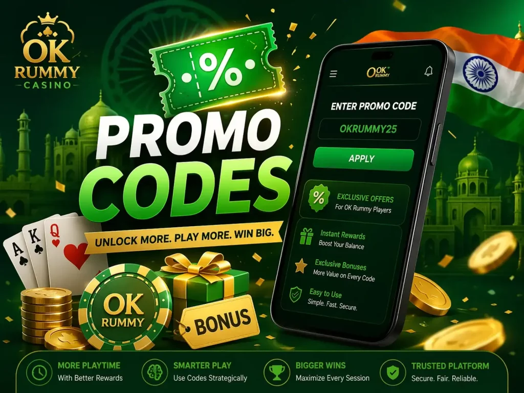 “OK Rummy Casino promo codes banner with green theme, mobile interface entering promo code, playing cards, gold coins, and Indian elements highlighting rewards and bonuses
