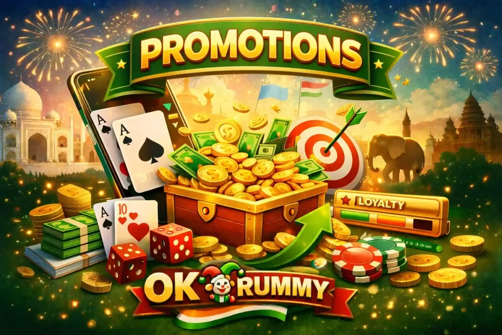 OK Rummy Promotions India promotional image with gold coins, treasure chest, smartphone, rummy cards, chips, loyalty rewards, festive fireworks, and reward-themed gaming elements in 4:3 format