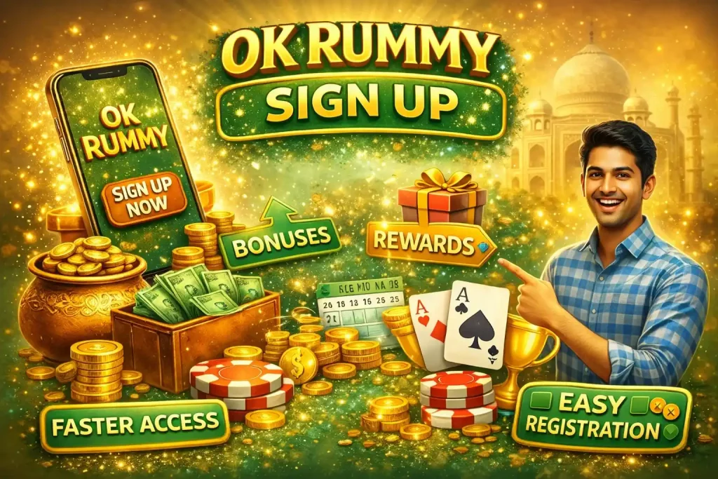 OK Rummy Sign Up India banner with mobile registration, coins, rewards, cards, fast access and account creation elements on a golden gaming background.