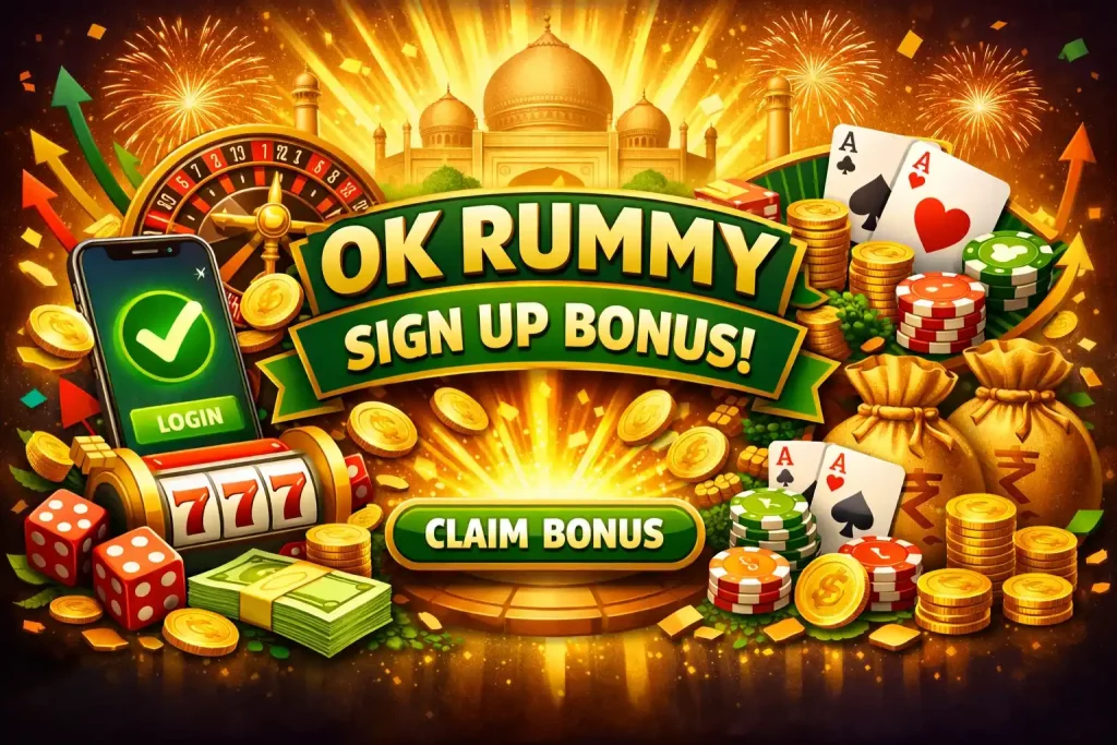 OK Rummy Sign Up Bonus India promotional banner with gold coins, cards, chips, mobile app screen, roulette wheel, rupee symbols and bright green claim bonus button on festive 4:3 background