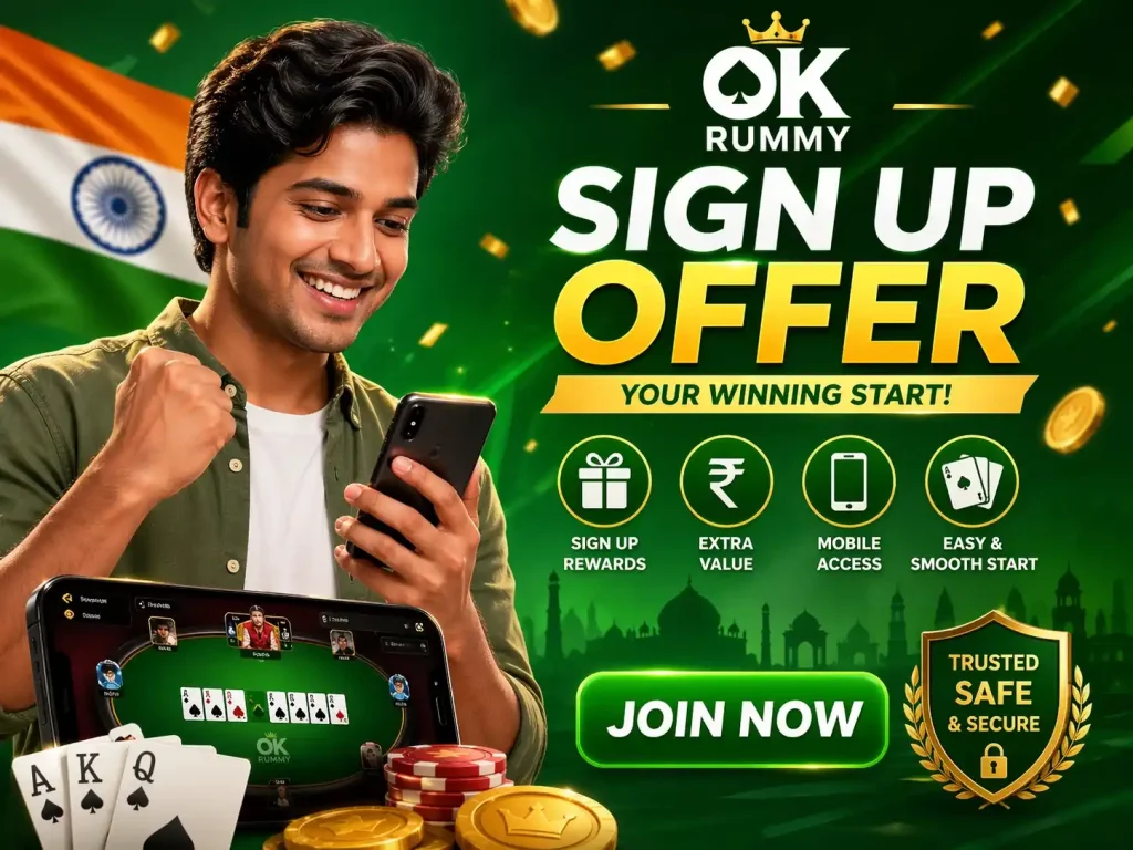 OK Rummy sign up offer concept image with mobile rummy gameplay, Indian theme, new player rewards, green white design and registration bonus visuals