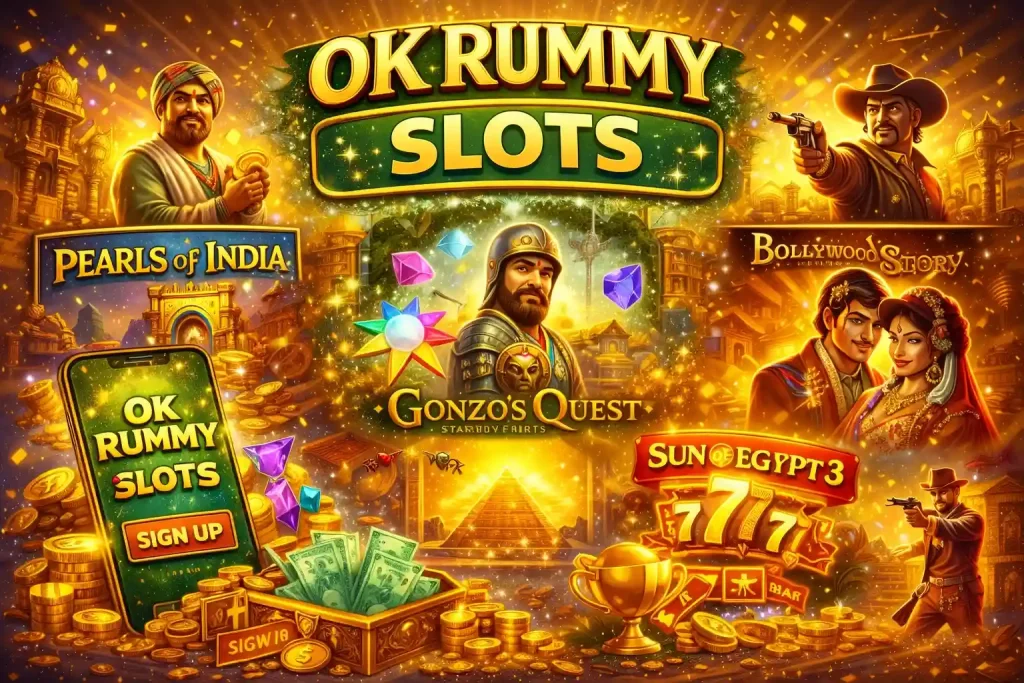 OK Rummy Slots India banner with popular slot themes, coins, reels, jackpots, mobile play and colorful gaming elements on a vibrant Indian-inspired background.