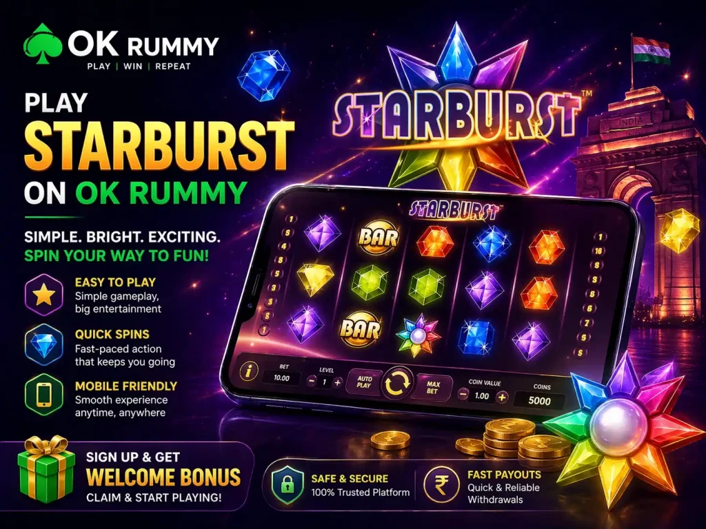 OK Rummy Starburst banner with colorful slot reels, glowing gems, mobile game screen, rupee coins, and India-themed cosmic background.