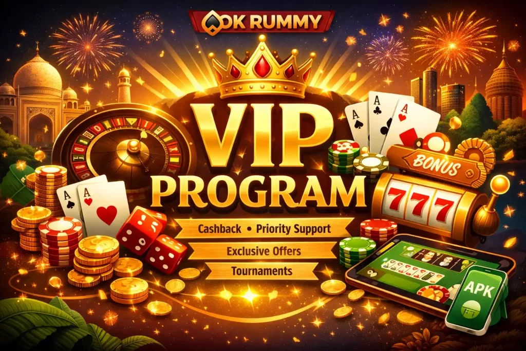 OK Rummy VIP Program India promotional banner with crown, gold coins, cards, roulette wheel, slot machine, cashback rewards, smartphone app and festive premium 4:3 background