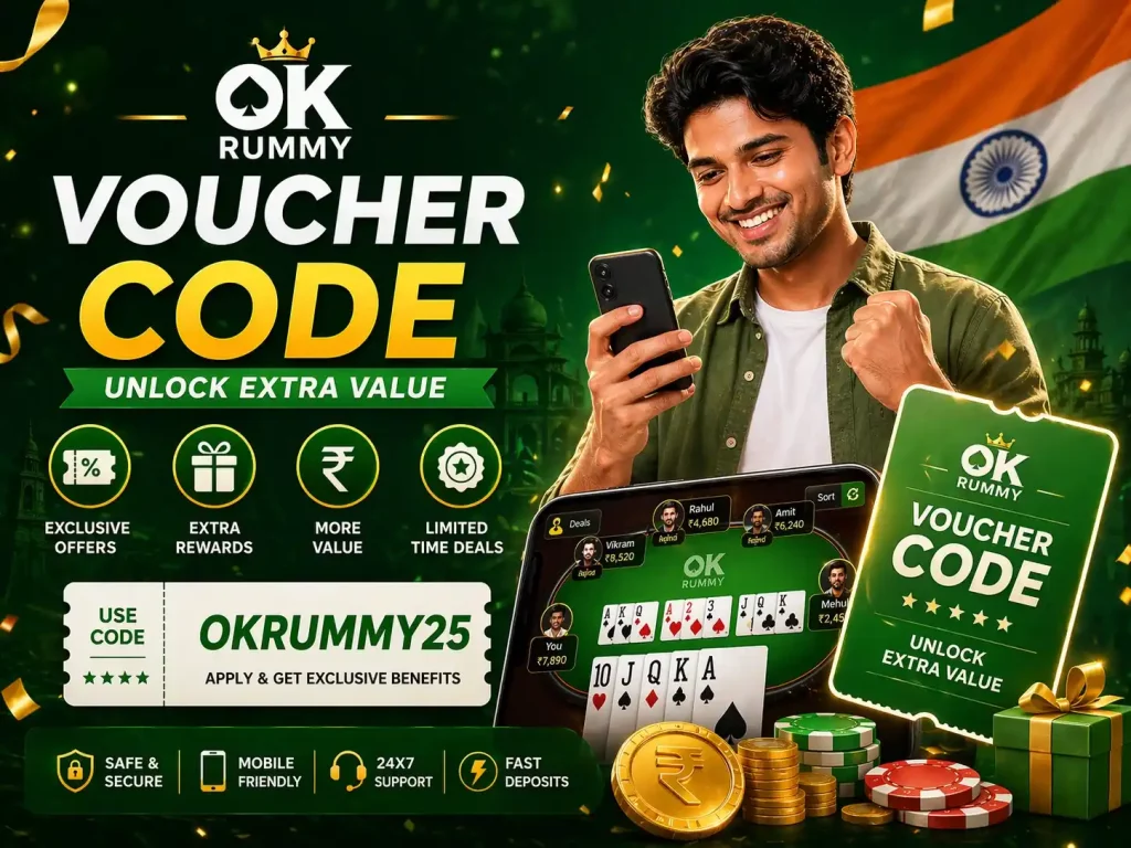OK Rummy voucher code concept image with mobile rummy gameplay, Indian theme, reward voucher card, green white design and promotional offer visuals
