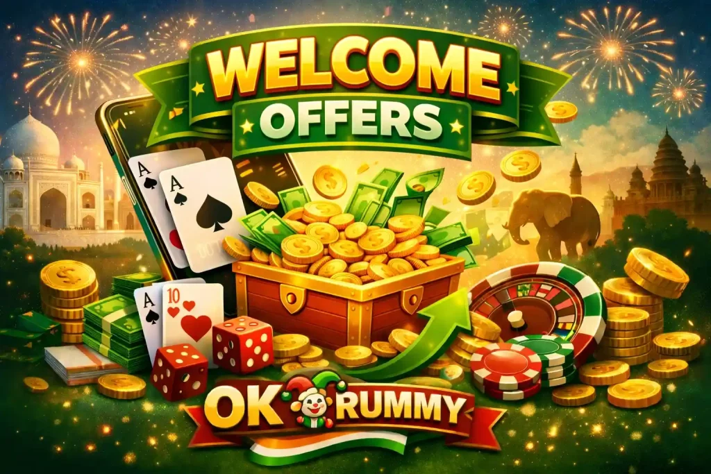 OK Rummy Welcome Offers India promotional image with gold coins, treasure chest, smartphone, rummy cards, chips, festive fireworks, and welcome reward-themed gaming elements in 4:3 format