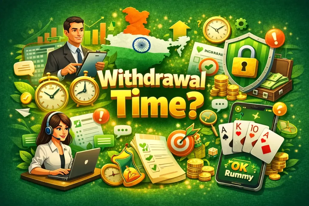 OK Rummy Withdrawal Time India illustration with payout clocks, secure payments, support service, mobile rummy app, verification icons and money elements on a 4:3 banner background
