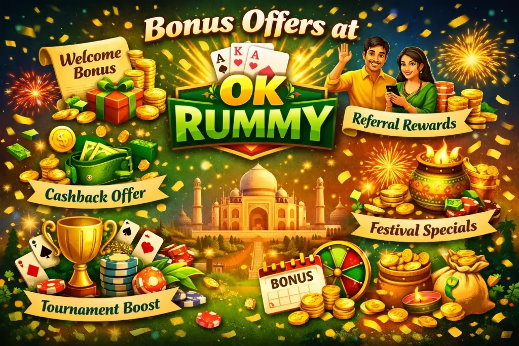 OK Rummy bonus offers illustration featuring playing cards, gold coins, cashback, referral rewards, festive bonuses, and tournament-style reward elements in a bright India-themed 4:3 design.