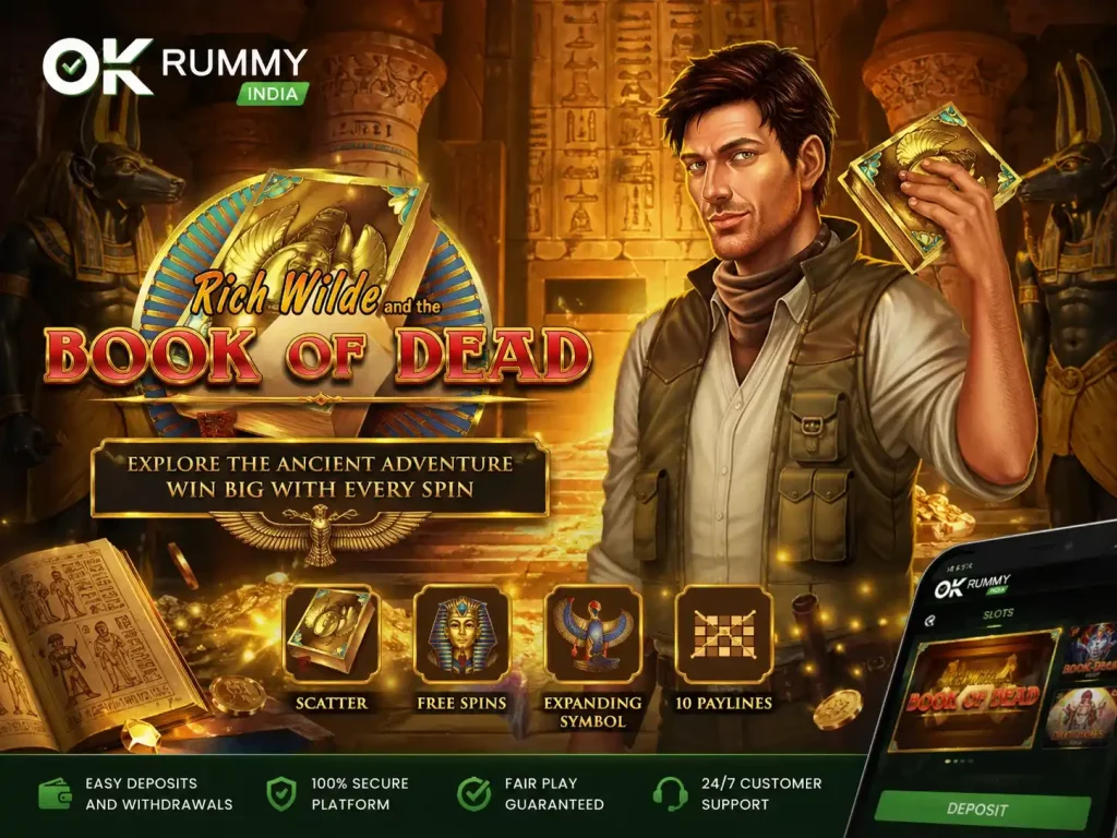 Book of Dead slot themed illustration with ancient Egyptian temple, golden treasure, explorer character, and OK Rummy India platform interface in green color style