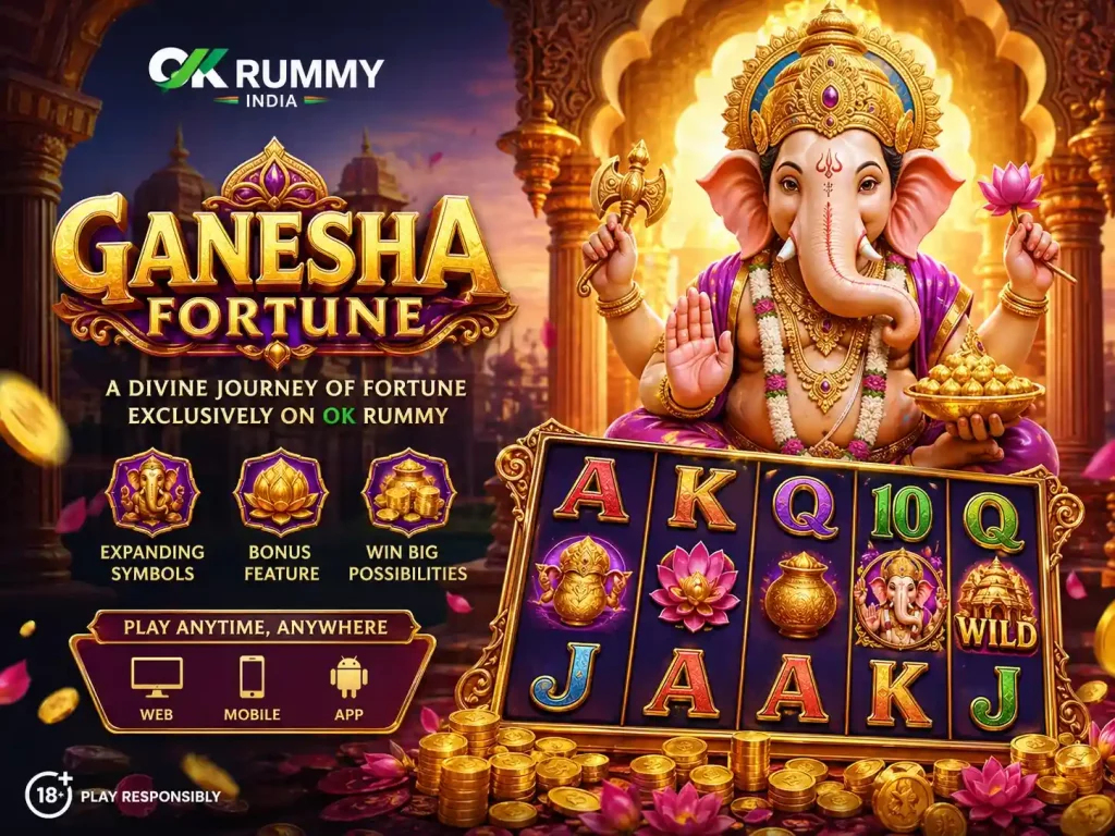Ganesha Fortune slot themed illustration with golden Indian temple, Lord Ganesha figure, coins, and OK Rummy India interface in vibrant green and gold style
