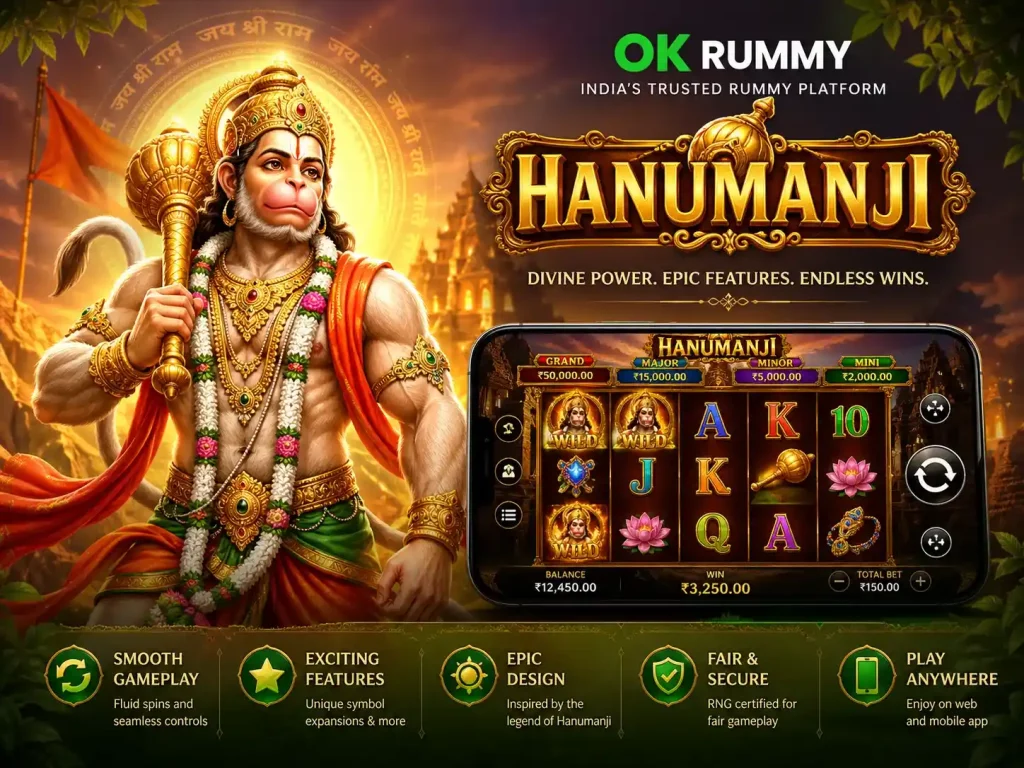 Hanumanji slot themed illustration with powerful deity, golden temple background, glowing aura, and OK Rummy India gameplay interface in vibrant green and gold style