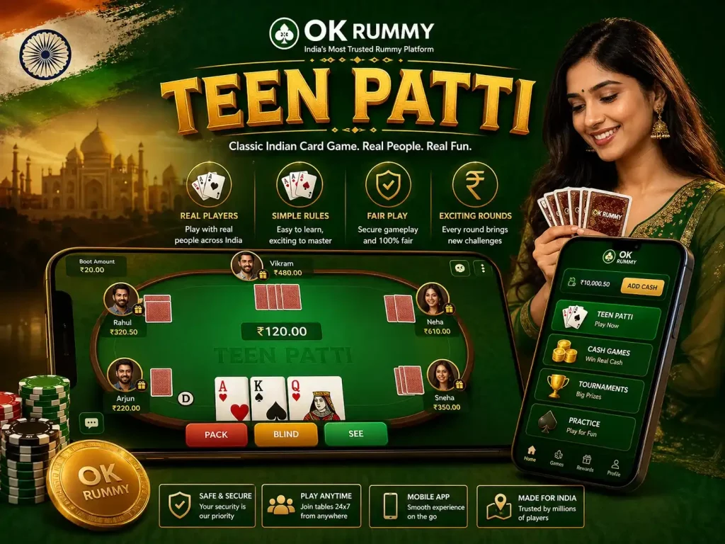 Teen Patti game illustration for OK Rummy India showing green table gameplay, cards in play, mobile interface, and traditional Indian style with gold and green theme
