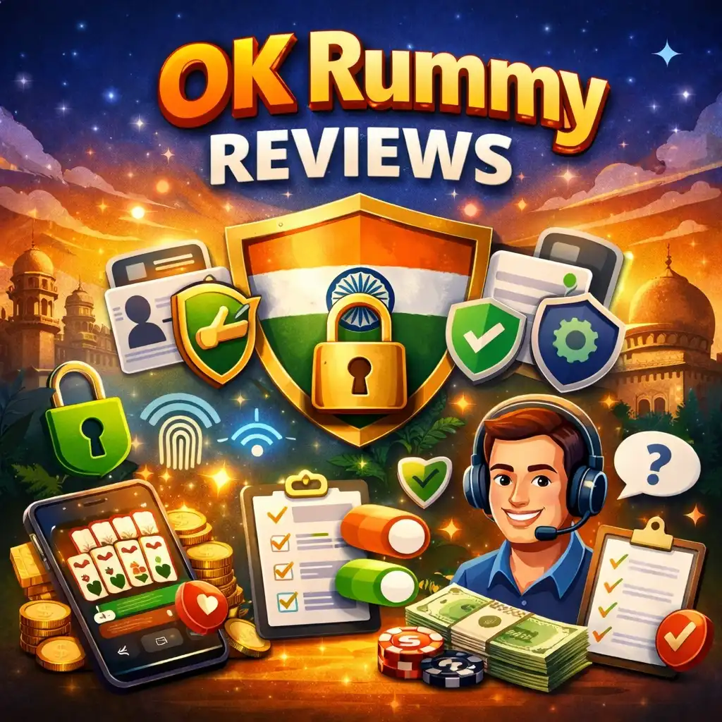 OK Rummy Reviews India illustration with mobile rummy app, security shield, support service, payments, privacy icons and trust elements on a 4:3 banner background