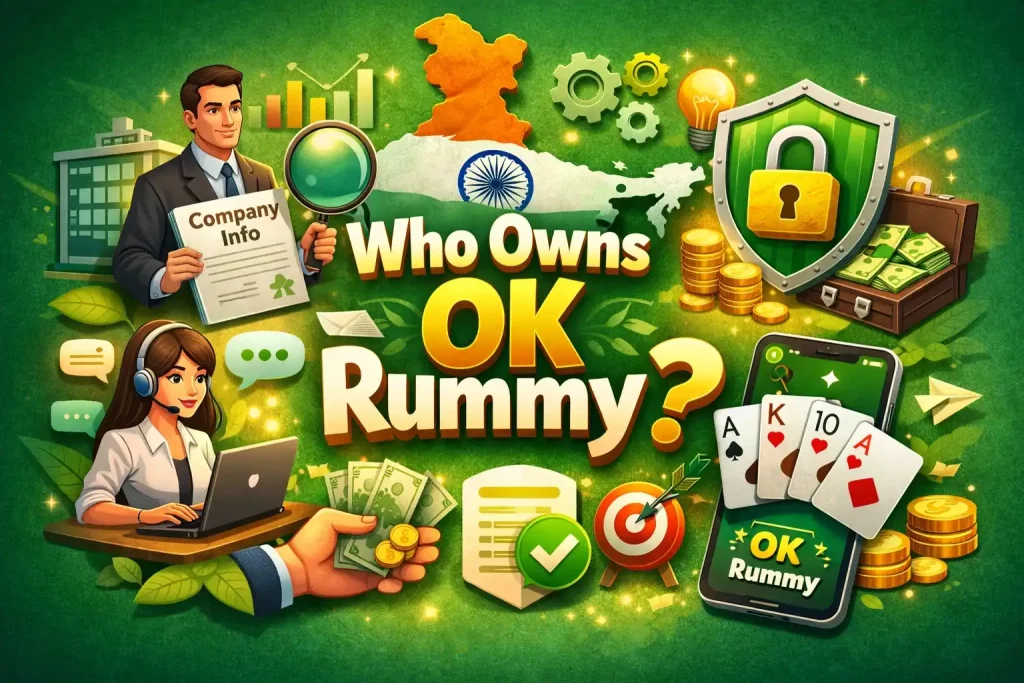 Who Owns OK Rummy India illustration with company ownership theme, business team, mobile rummy app, security shield, payments and trust icons on a 4:3 banner background
