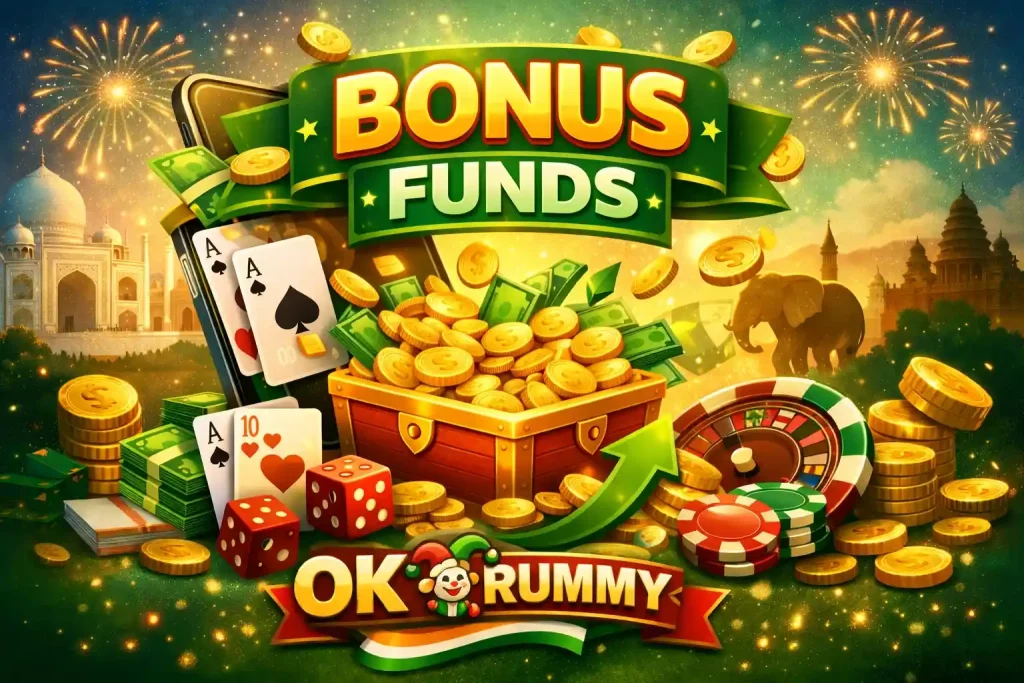 OK Rummy Bonus Funds India promotional image with gold coins, treasure chest, smartphone, rummy cards, chips, cash, and reward-themed gaming elements in 4:3 format