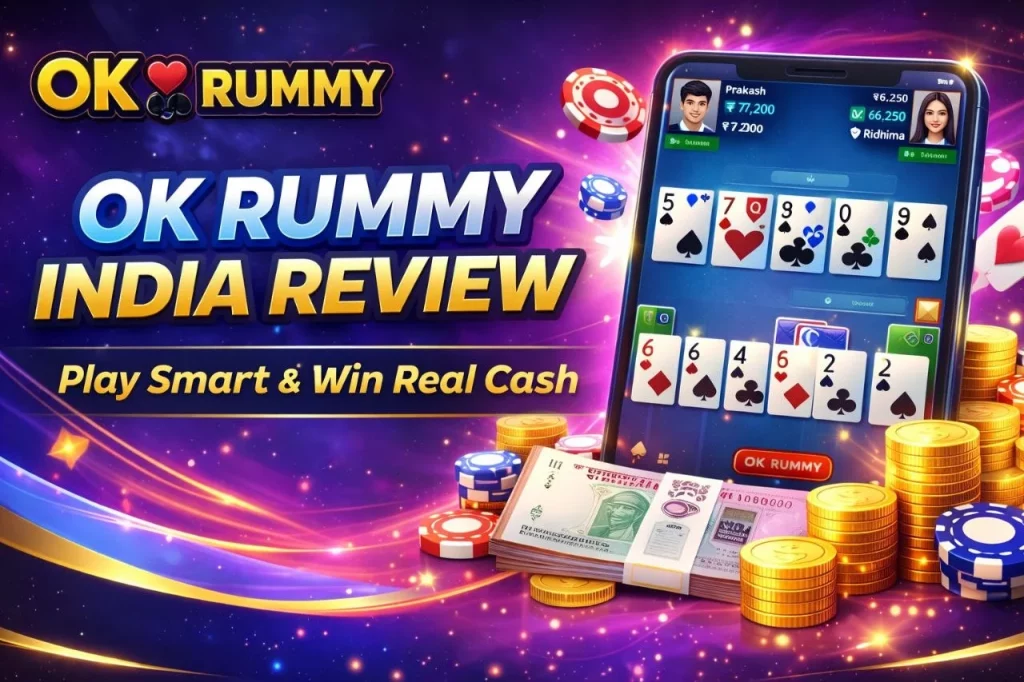 OK Rummy India Review banner with mobile gameplay, real cash winnings, cards, coins, and chips promoting smart play and winning in India