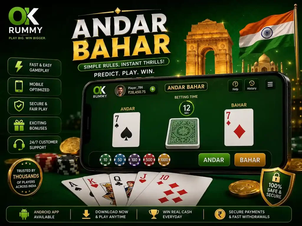 Andar Bahar online game illustration for OK Rummy featuring Indian card gameplay, green casino design, mobile interface, playing cards, poker chips, and smartphone gaming atmosphere in 4:3 format