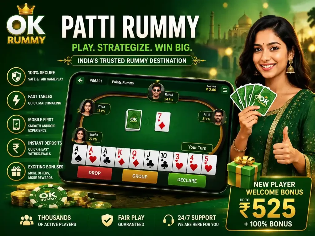 Patti Rummy promotional banner for OK Rummy featuring green casino theme, Indian woman holding cards, mobile rummy gameplay screen, gold coins, strategic card table, and secure Android gaming atmosphere