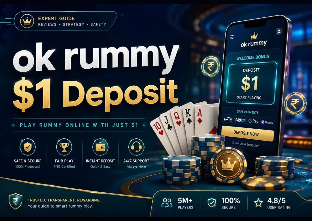 ok rummy $1 Deposit banner with rummy cards, casino chips, smartphone deposit screen, rupee icons, and safe payment visuals in a dark blue and gold style.