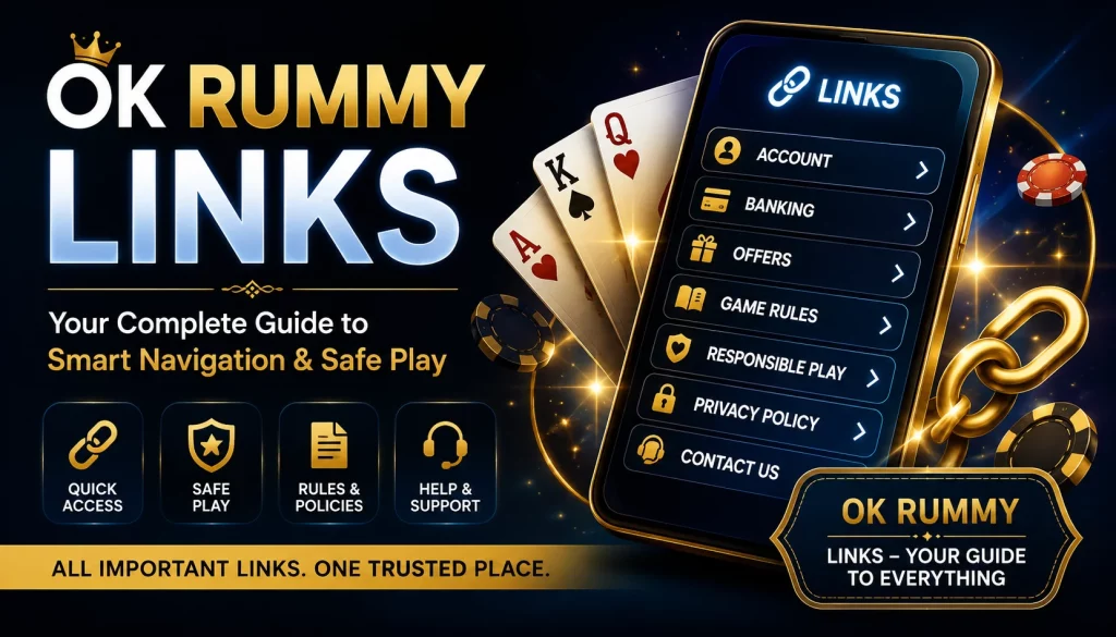 ok rummy Links banner with casino navigation icons, smartphone menu, playing cards, chips, and safe play guidance in a dark blue and gold style.