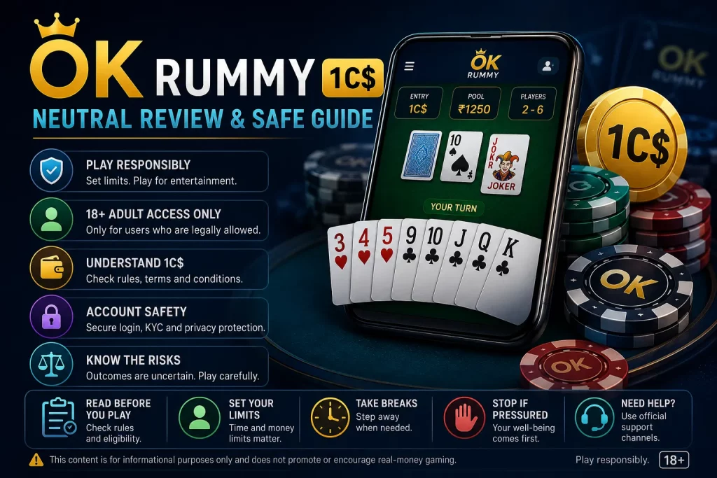 OK Rummy 1C$ neutral review banner with rummy cards, mobile screen, chips, responsible play icons, account safety, and 18+ notice.